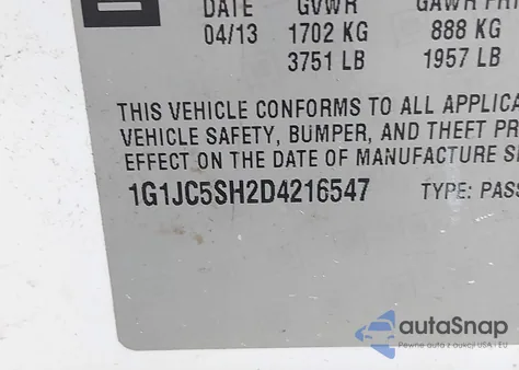 2013 Chevrolet Sonic Lt Auto из США, поврежденный, VIN 1G1JC5SH2D4216547